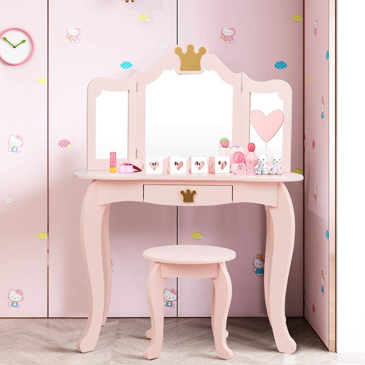 Honey Joy Kids Vanity, Crown Themed Toddler Dressing Makeup Table And Chair Set W/Drawer & Tri-Folding Mirror, Detachable Mirror, Princess Pretend Play Girls Vanity Set With Mirror And Stool(Pink)