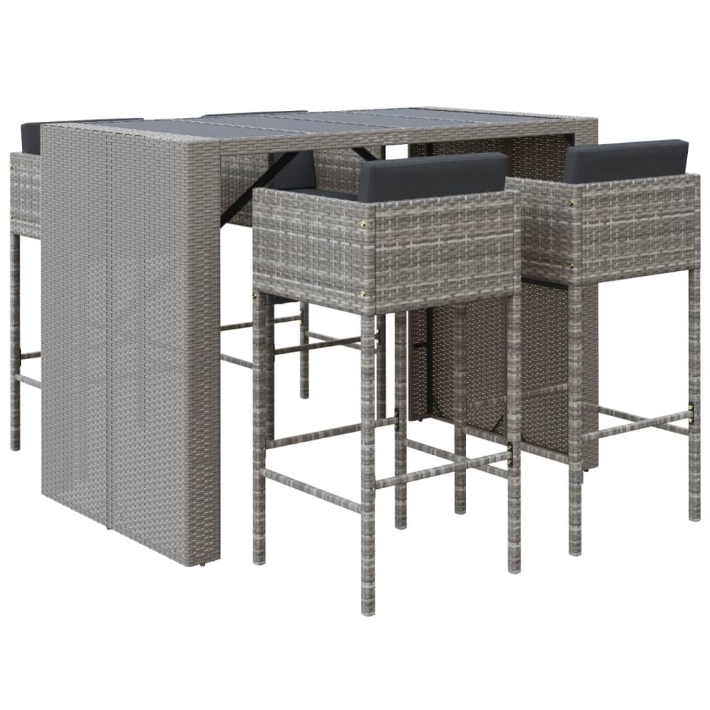 vidaXL-Gray Poly Rattan Outdoor Bar Set, Includes Comfort Cushioned Stools, Durable Weather-Resistant Material, Perfect for Patio and Garden Setting