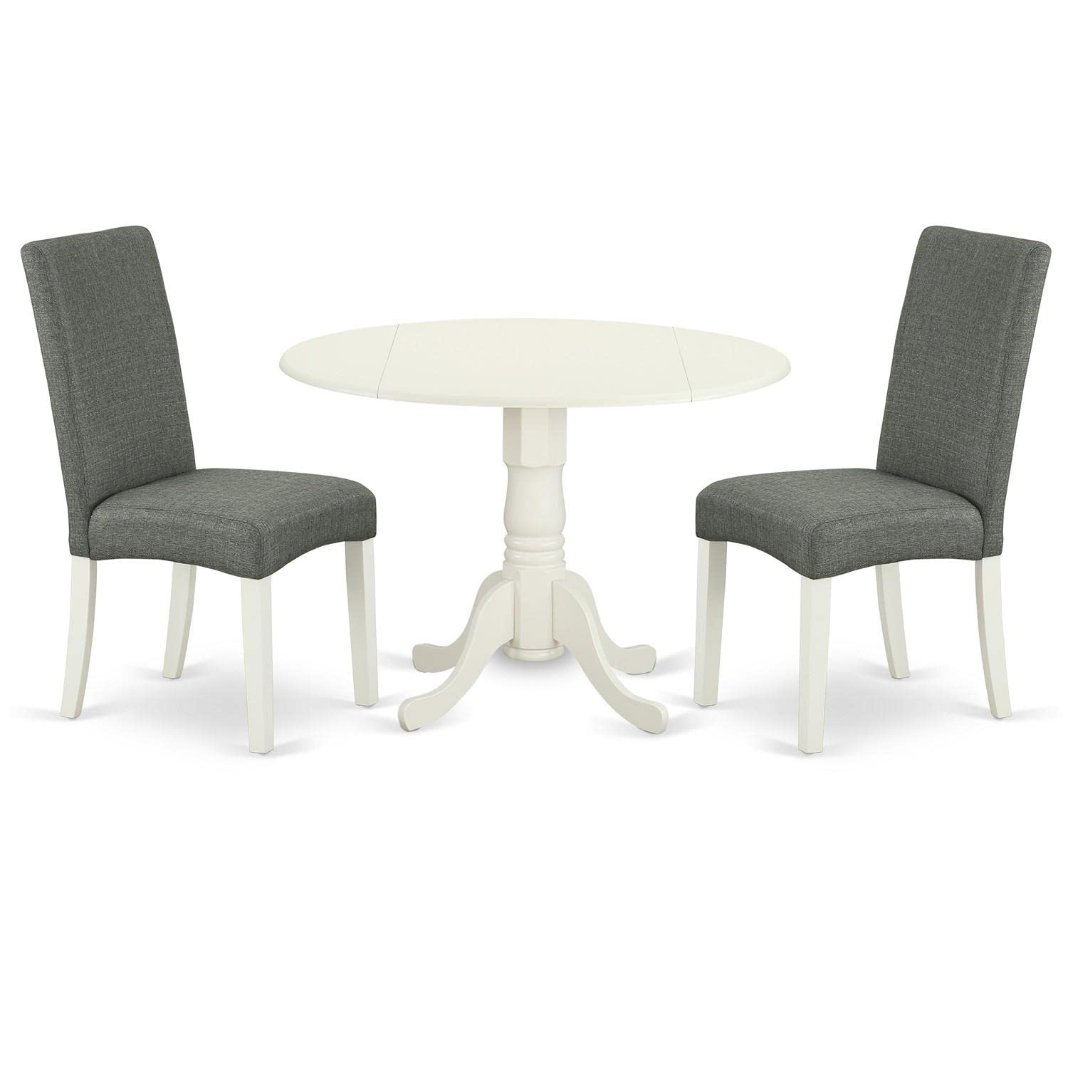 East West Furniture Dldr3-Lwh-07 3 Piece Kitchen Table & Chairs Set Contains A Round Dining Room Table With Dropleaf And 2 Gray Linen Fabric Parsons Dining Chairs, 42X42 Inch, Linen White