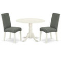 East West Furniture Dldr3-Lwh-07 3 Piece Kitchen Table & Chairs Set Contains A Round Dining Room Table With Dropleaf And 2 Gray Linen Fabric Parsons Dining Chairs, 42X42 Inch, Linen White