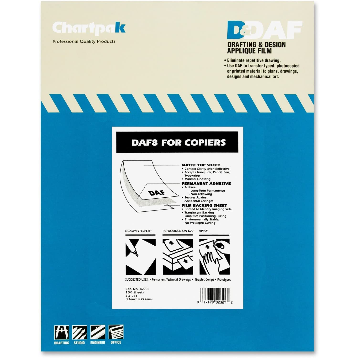 Chartpak Daf Drafting & Design Applique Film, 8.5' X 11', 100 Clear Sheets/Box (Daf8)