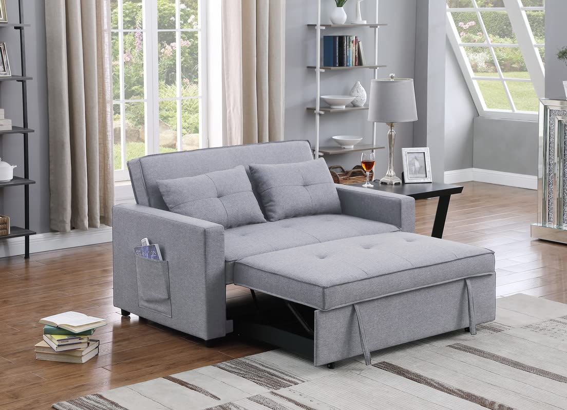 Lilola Home Zoey Light Gray Linen Convertible Sleeper Loveseat with Side Pocket