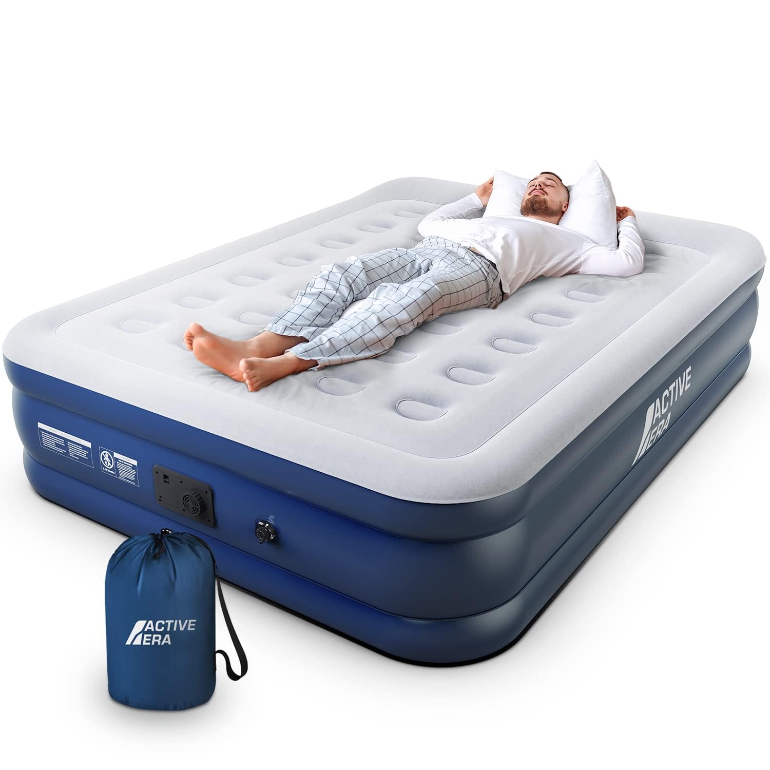 Active Era Premium 20' Queen Air Mattress With Built In Pump, Raised Pillow, Puncture Resistant Waterproof Soft Top, Elevated I