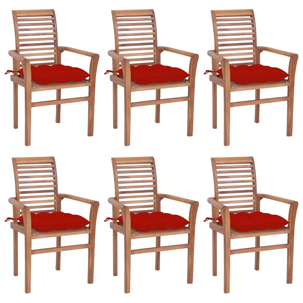 Vidaxl 6X Solid Teak Wood Dining Chairs With Red Cushions Outdoor Patio Balcony Terrace Porch Seating Dinner Wooden Chair Furniture Set