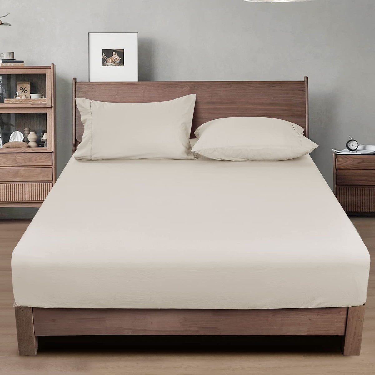 PHF 100% Garment Washed Cotton Fitted Sheet Queen Size - Cozy Cloud Soft Linen Like Bottom Sheet Only with Elastic Deep Pockets,