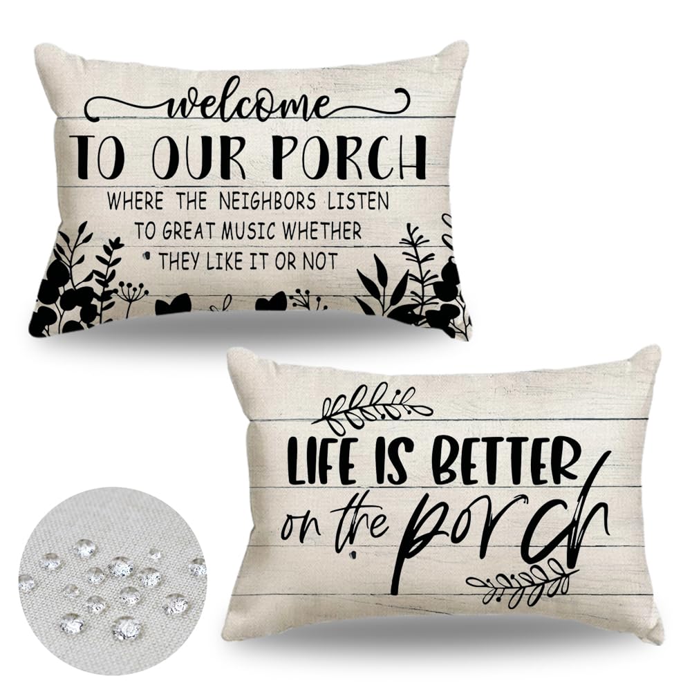 Jojogogo Porch Outdoor Lumbar Pillow Covers 12X20 Waterproof Set Of 2, Patio Decorative Outdoor Lumbar Pillows 12 X 20, Front Ba