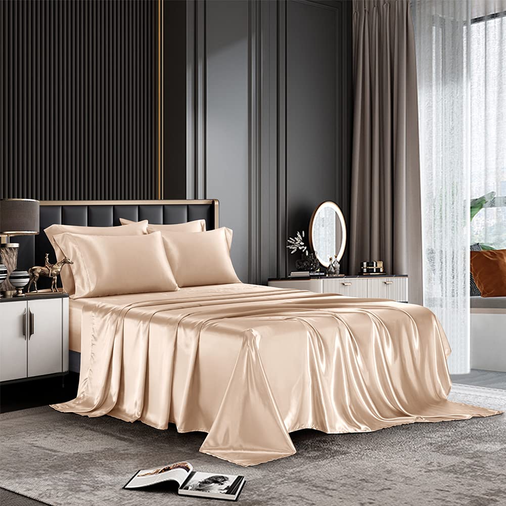 Aimay 6 Piece Satin Bedding Sheet Set King Taupe Deep Pocket 1800 Series Luxury Rich Silk Silky Super Soft Solid Color 4 Pillowc