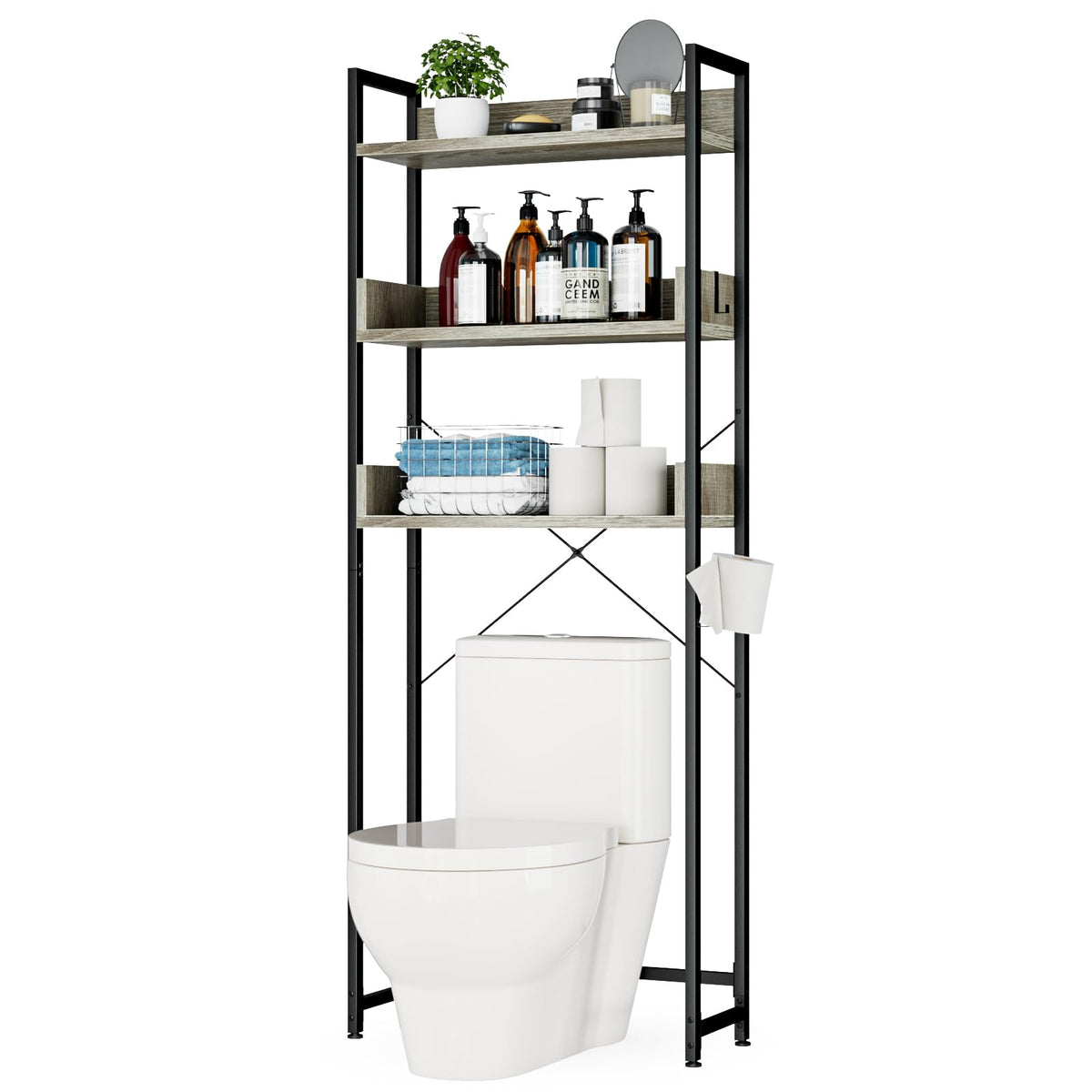 Otk Over-The-Toilet Storage, 3 Tier Bathroom Organizer Shelf, Freestanding Space Saver With Toilet Paper Holder, Multifunctional Over The Toilet Rack, White Oak