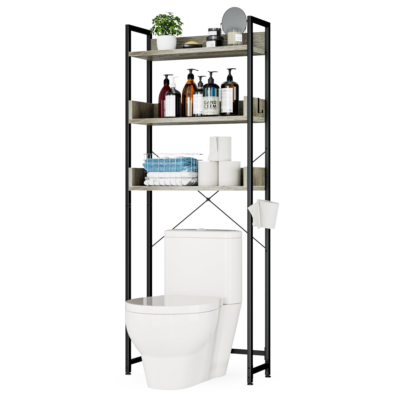Otk Over-The-Toilet Storage, 3 Tier Bathroom Organizer Shelf, Freestanding Space Saver With Toilet Paper Holder, Multifunctional Over The Toilet Rack, White Oak