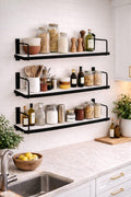 TAKME Wall Shelves, 3 Tier Floating Storage Shelves with Black Metal Frame and White Finish
