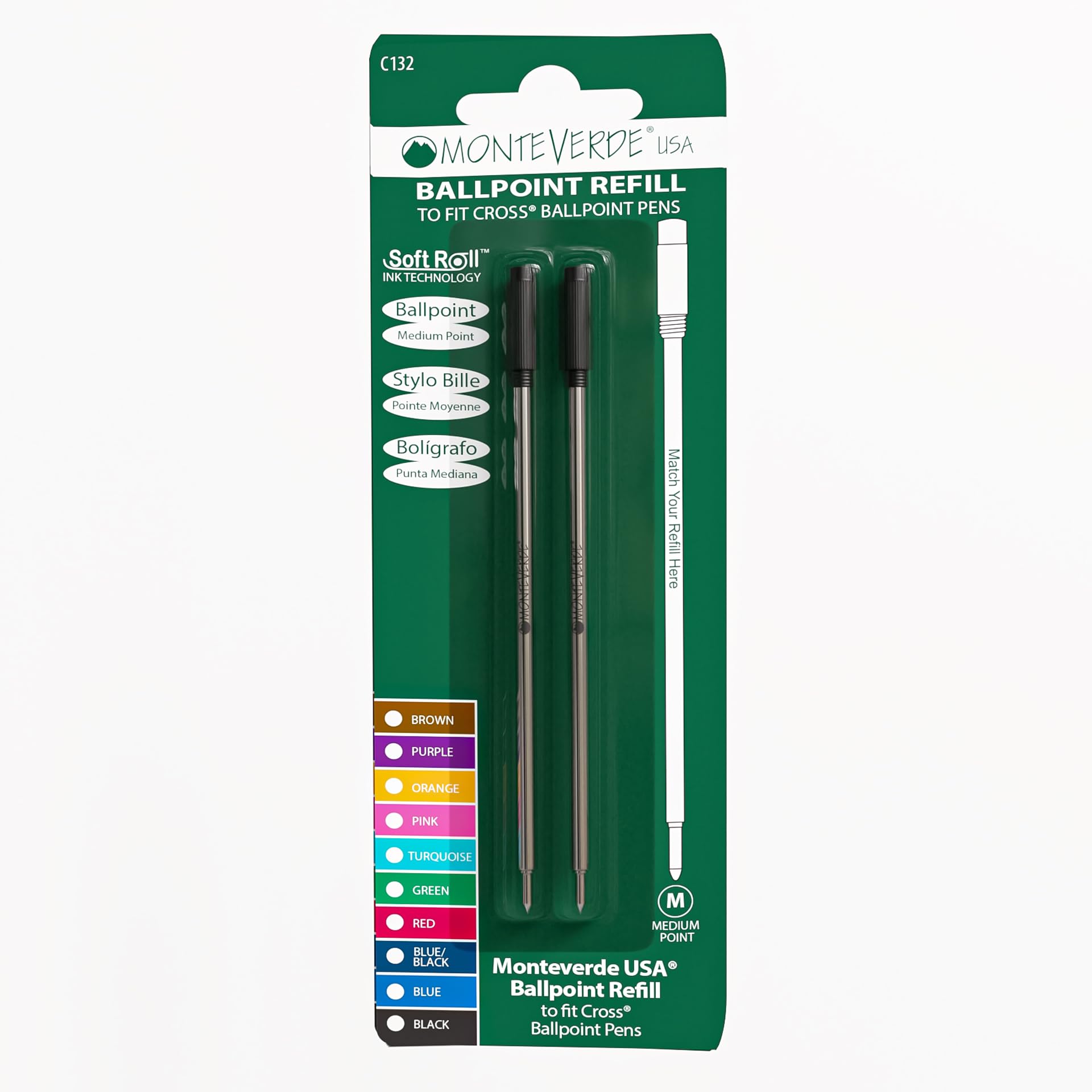 Monteverde Ballpoint Refill To Fit Cross Ballpoint Pens, Medium Point, Black, 6 Pack (C133Bk)