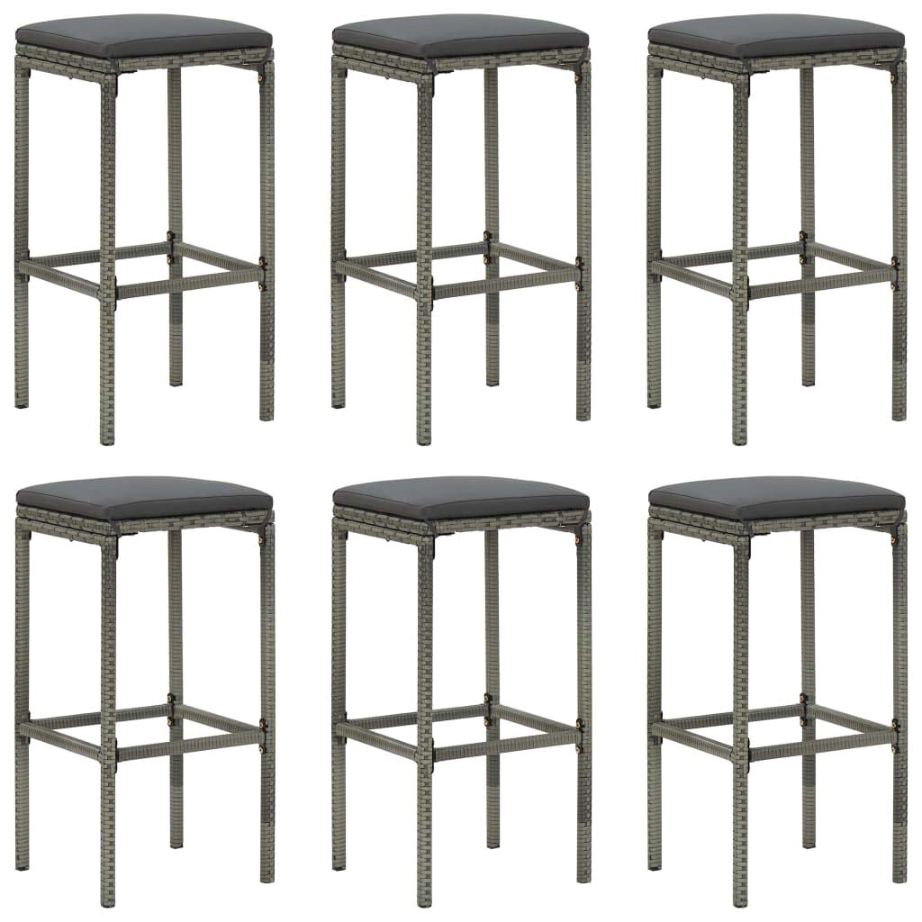 vidaXL Modern Bar Stools - 6 Piece Set in Gray Poly Rattan with Cushions - Durable Steel Frame - Comfortable Seat Cushions - Indoor and Outdoor Use