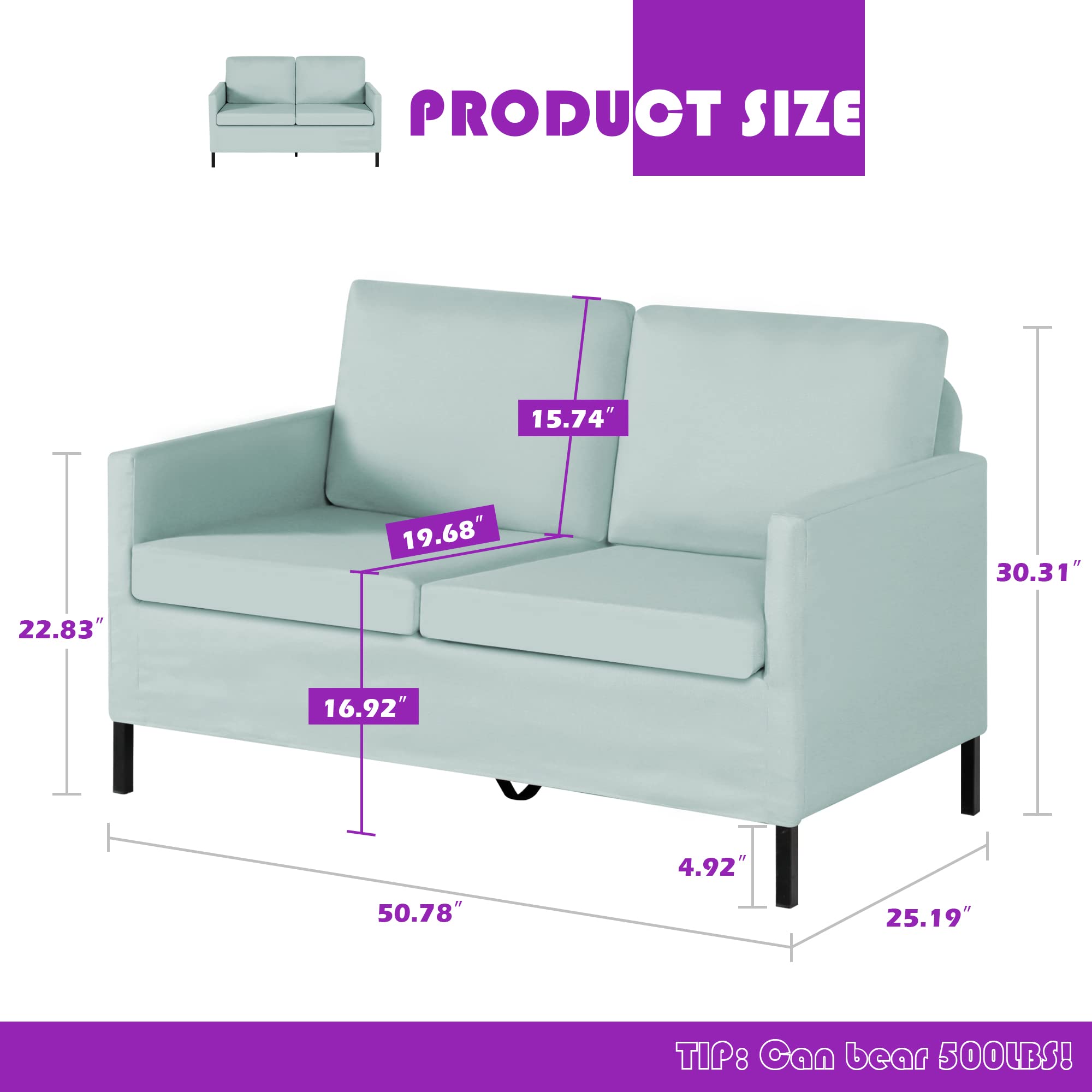 Tyboatle 51' W Linen Fabric Upholstered Modern Loveseat Sofa Couch For Living Room, Love Seats 2-Seater Furniture W/Iron Legs For Compact Space, Apartment, Bedroom, Dorm, Office, Aqua Blue