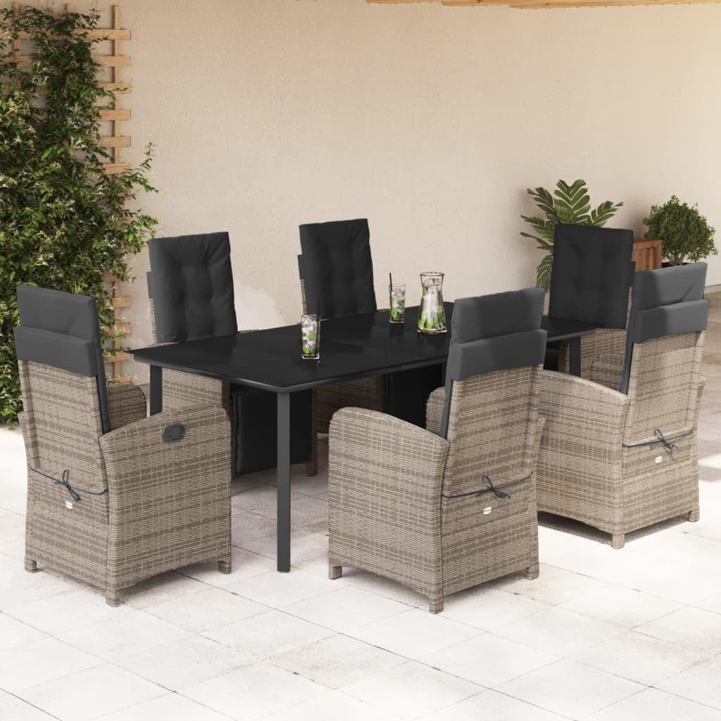 vidaXL Patio Dining Set with Cushions - 7 Piece Poly Rattan Garden Furniture, Adjustable Reclining Chairs, Tempered Glass Tabletop, Gray