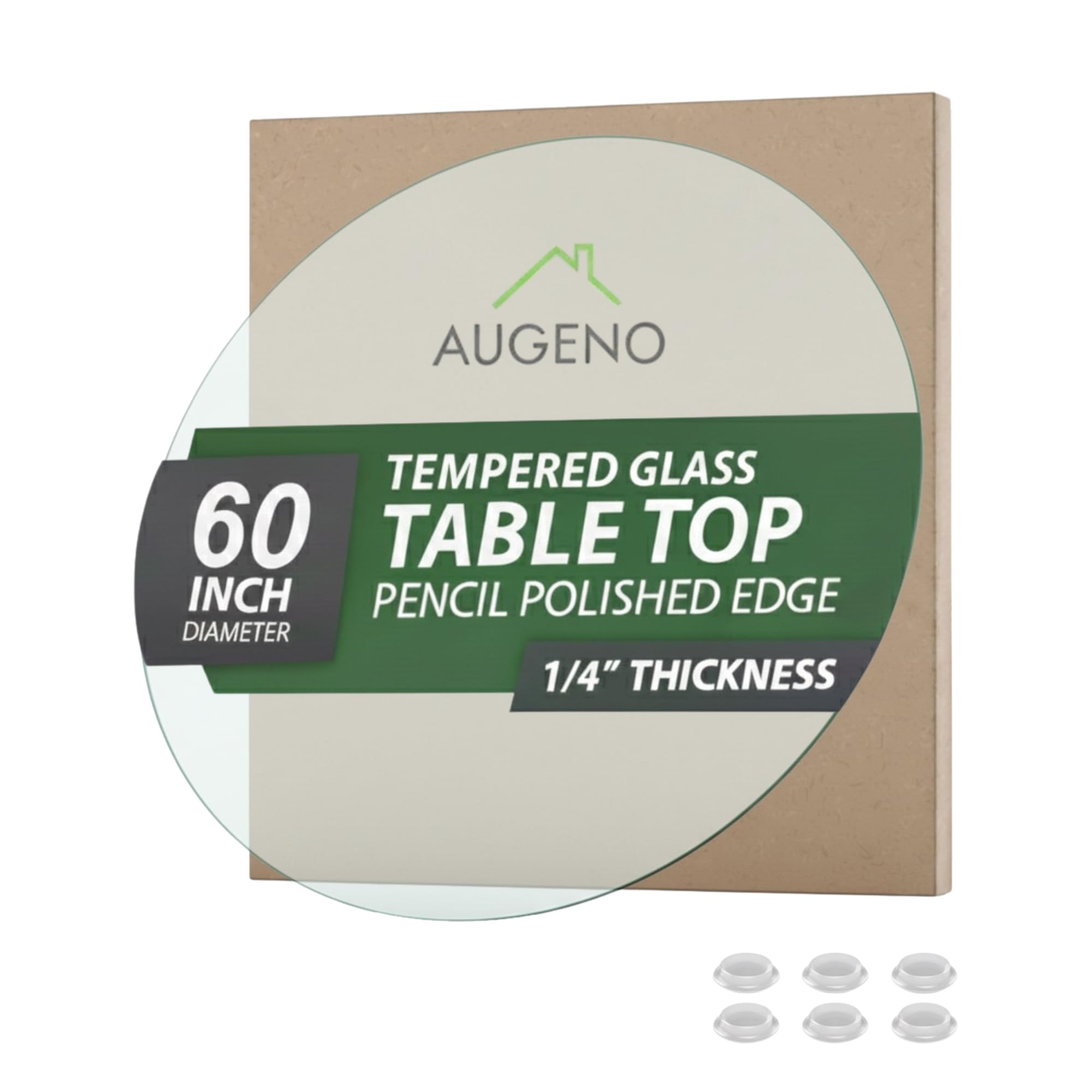Augeno 60 inch Round 1/4 Thick Pencil Polished Edge Glass Table Top with 6 Bumpers - Tempered, Scratch Resistant & Safety Replac