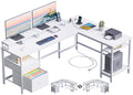 Furologee 66” L Shaped Desk With Power Outlet, Reversible Computer Gaming Desk With File Drawer & 2 Monitor Stands For Home Office With Storage Shelves, White