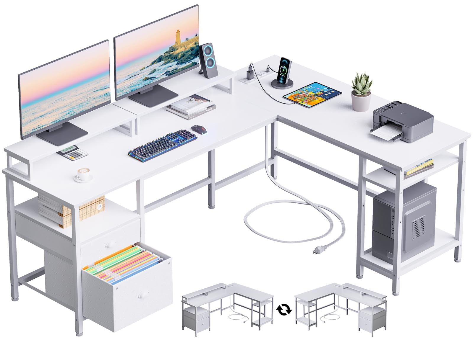 Furologee 66” L Shaped Desk With Power Outlet, Reversible Computer Gaming Desk With File Drawer & 2 Monitor Stands For Home Office With Storage Shelves, White