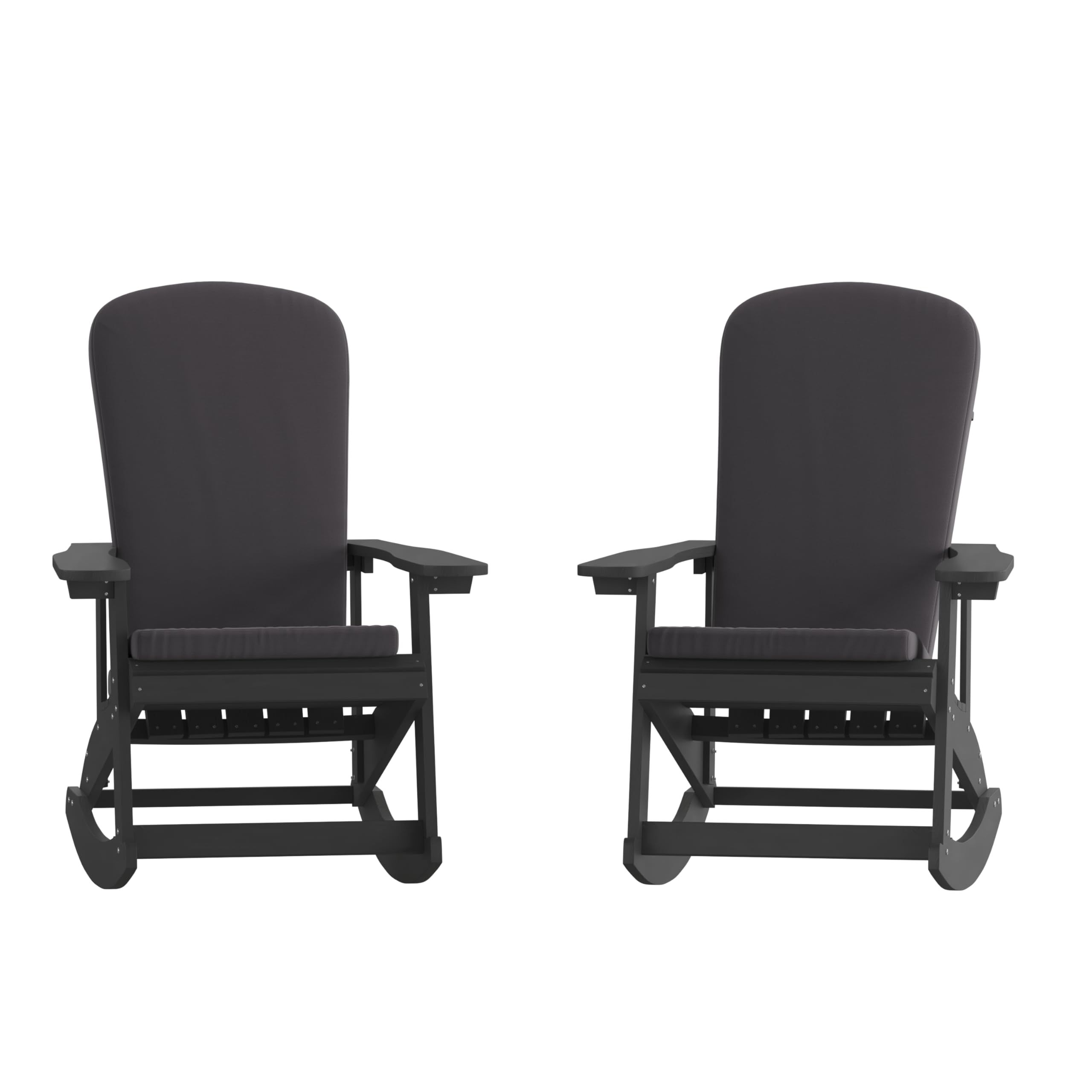 Set of 2 Adirondack Rocking Chairs in Black with Gray Cushions, Porch, and Patio