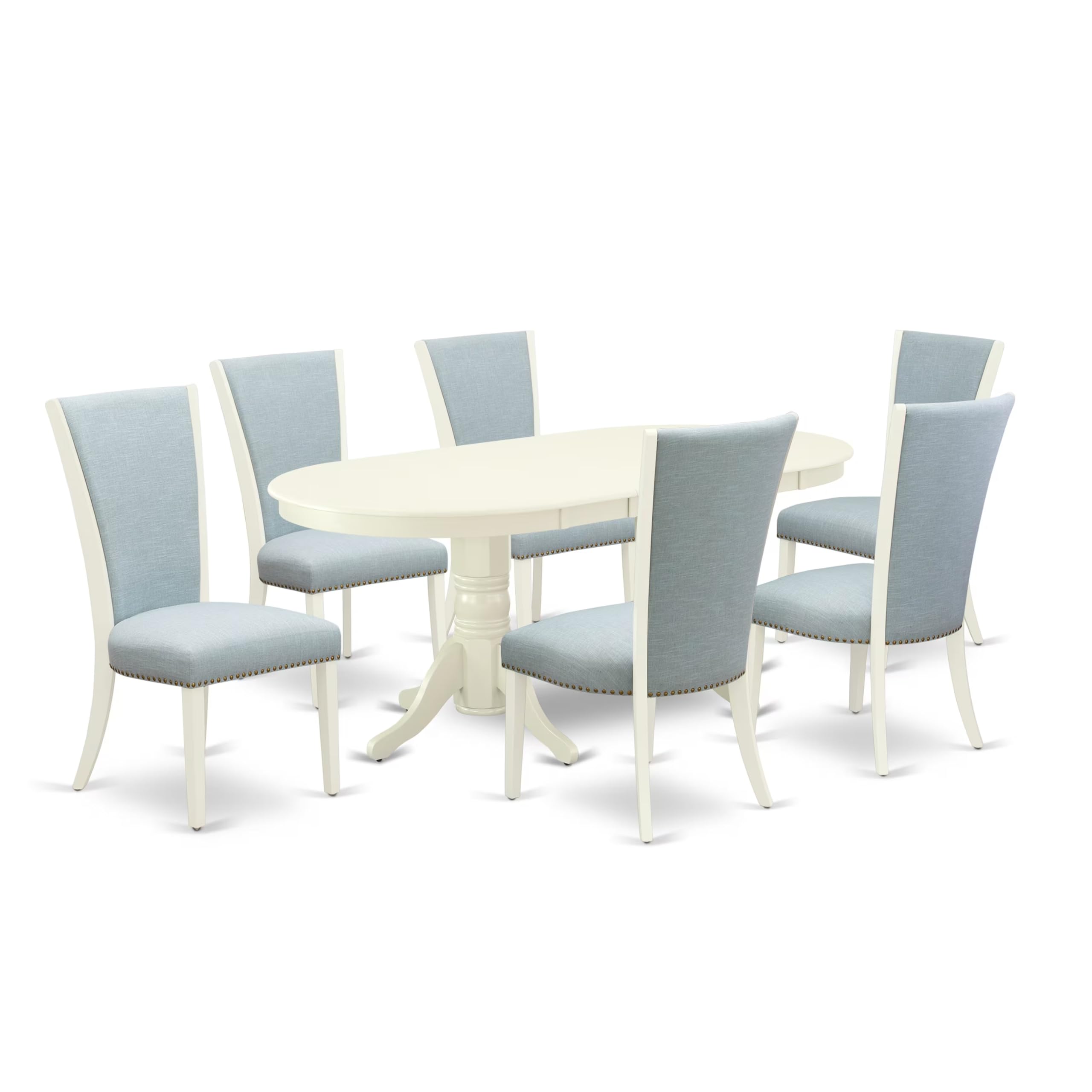 East West Furniture Vave7-Lwh-15 7 Piece Dining Room Furniture Set Consist Of An Oval Wooden Table With Butterfly Leaf And 6 Baby Blue Linen Fabric Parson Chairs, 40X76 Inch, Linen White