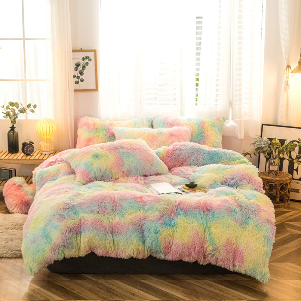 Morromorn 5 Pcs Plush Shaggy Duvet Cover Sets, Luxury Shag Fluffy Comforter Cover Fuzzy Bedding Set - Long Faux Fur Ultra Soft C