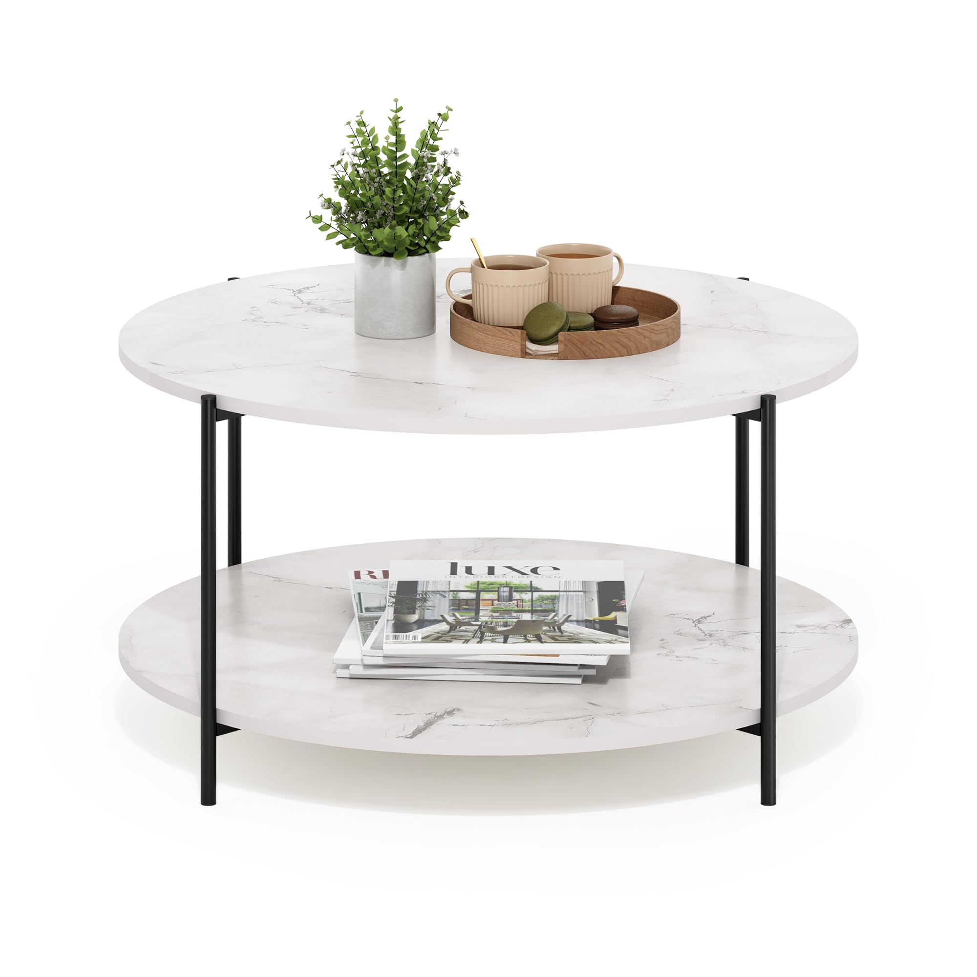 Furinno Besi 2-Tier Modern Round Coffee Table Table with Sturdy Metal Legs, Marble White/Black