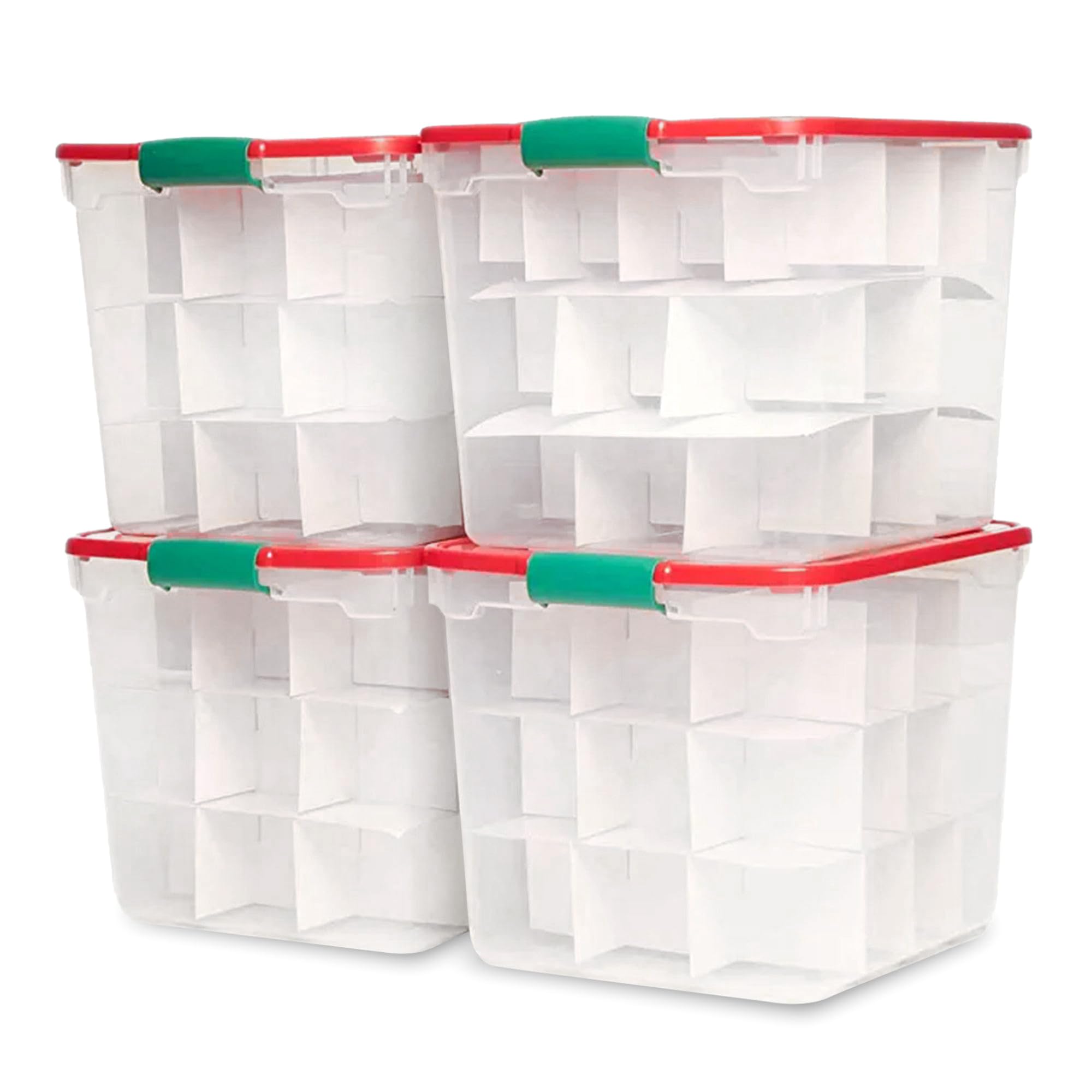 HOMZ 4-Pack Seasonal Holiday, Clear Ornament Storage Bins with Lids, Removable Dividers, 31 Quart