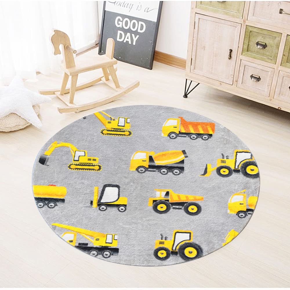 Poowe Round Construction Trucks Kids Area Rug Soft Fluffy Kids Construction Rugs For Playroom Nonslip Digger Nursery Rug For Boy