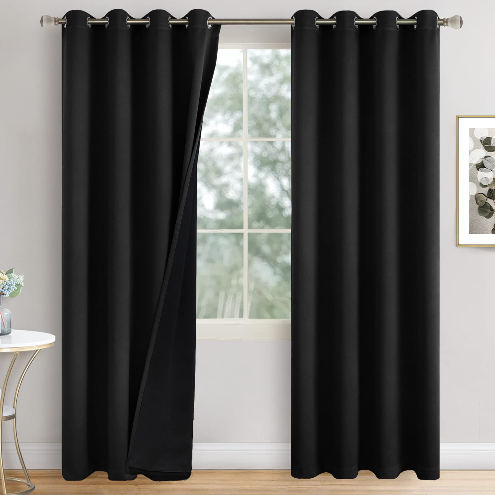 Quemas Black Blackout Curtains 84 Inch Length 2 Panels For Living Room, Thermal Insulated 100% Light Blocking Soundproof Grommet