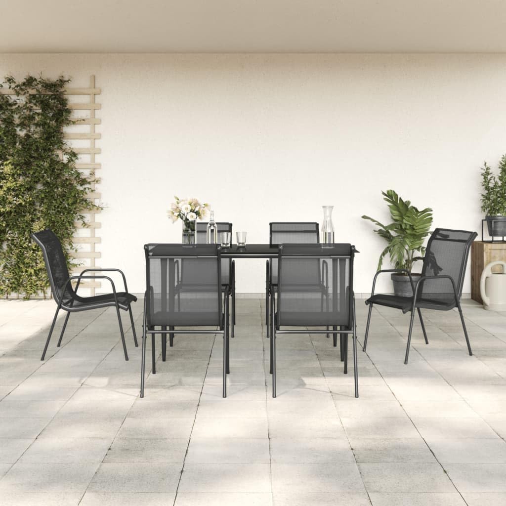 vidaXL 5-Piece Black Steel and Textilene Patio Dining Set - Modern Outdoor Furniture for Garden and Patio with Tempered Glass Tabletop and Comfortable Armchairs