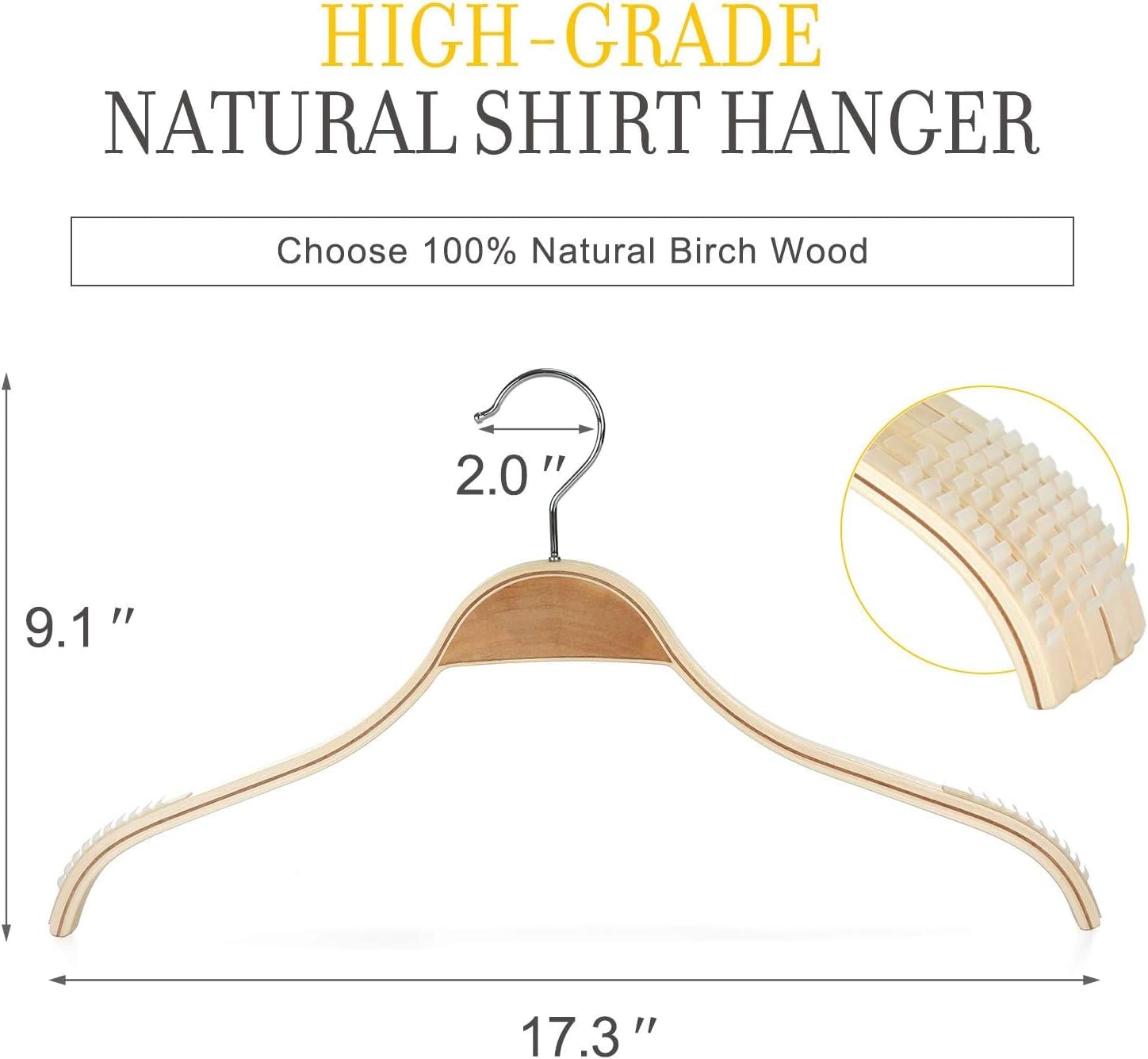 Topia Hanger Slim Natural Wood Hangers With Extra Soft Non-Slip Rubber Grips, 30-Pack High-Grade Fashion Hanger No Shoulder Bump