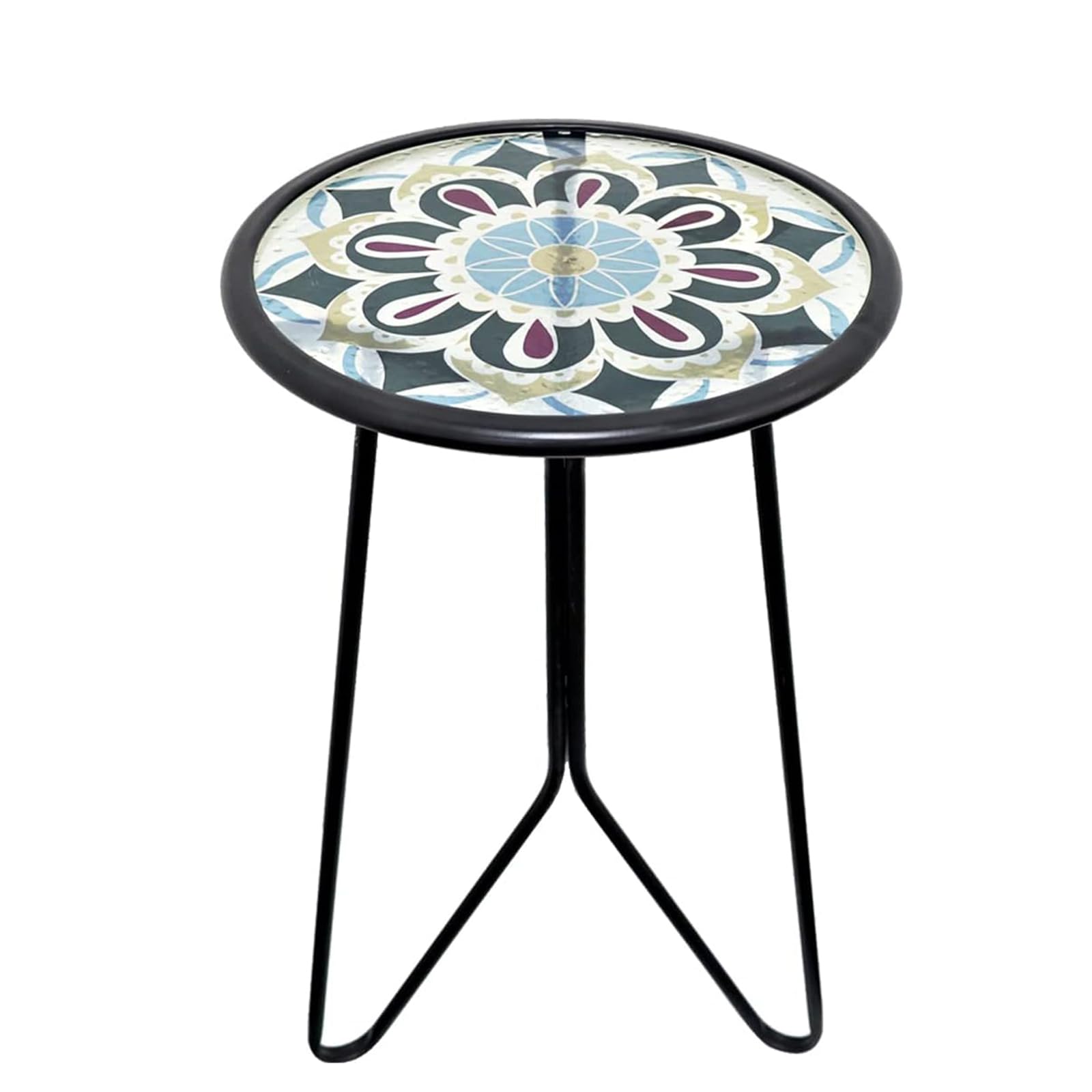 Liffy Outdoor Side Tables, 12'' Weather Resistant Metal & Glass Patio Accent Side Table, Indoor Small Round Home Decorative End