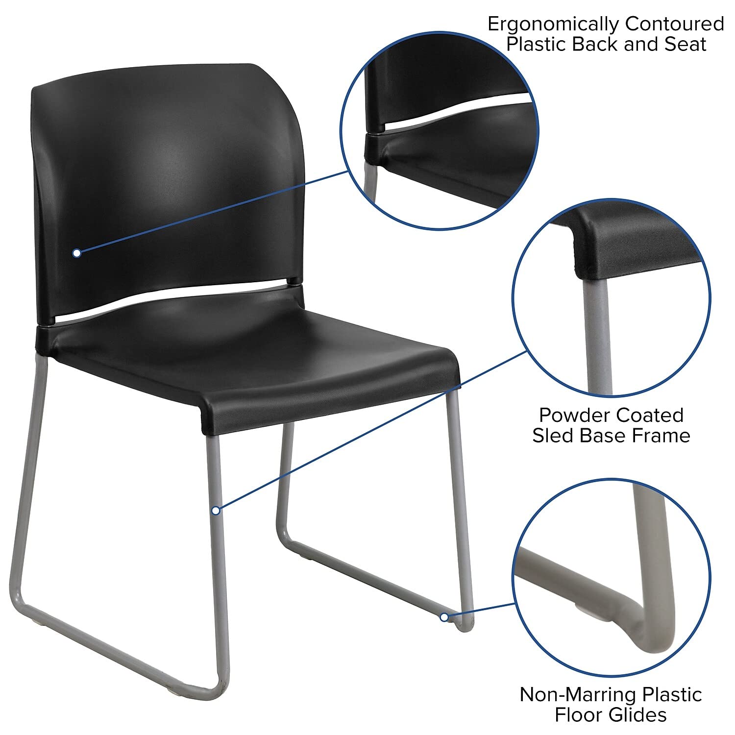 Flash Furniture Hercules Series 880 Lb. Capacity Black Full Back Contoured Stack Chair With Gray Powder Coated Sled Base