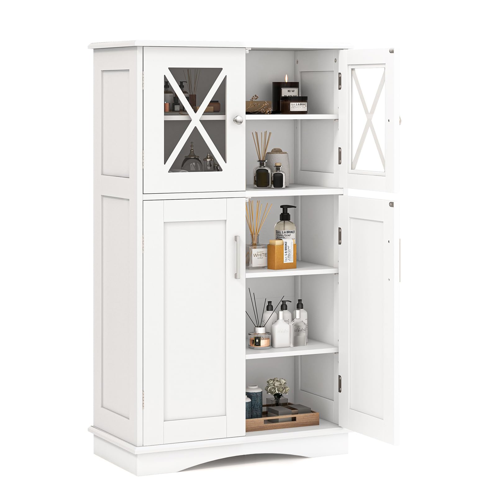 Tangkula Bathroom Storage Cabinet, Freestanding Floor Cabinet w/2 Glass Doors, 3-Level Adjustable Shelves, Anti-toppling, Kitche