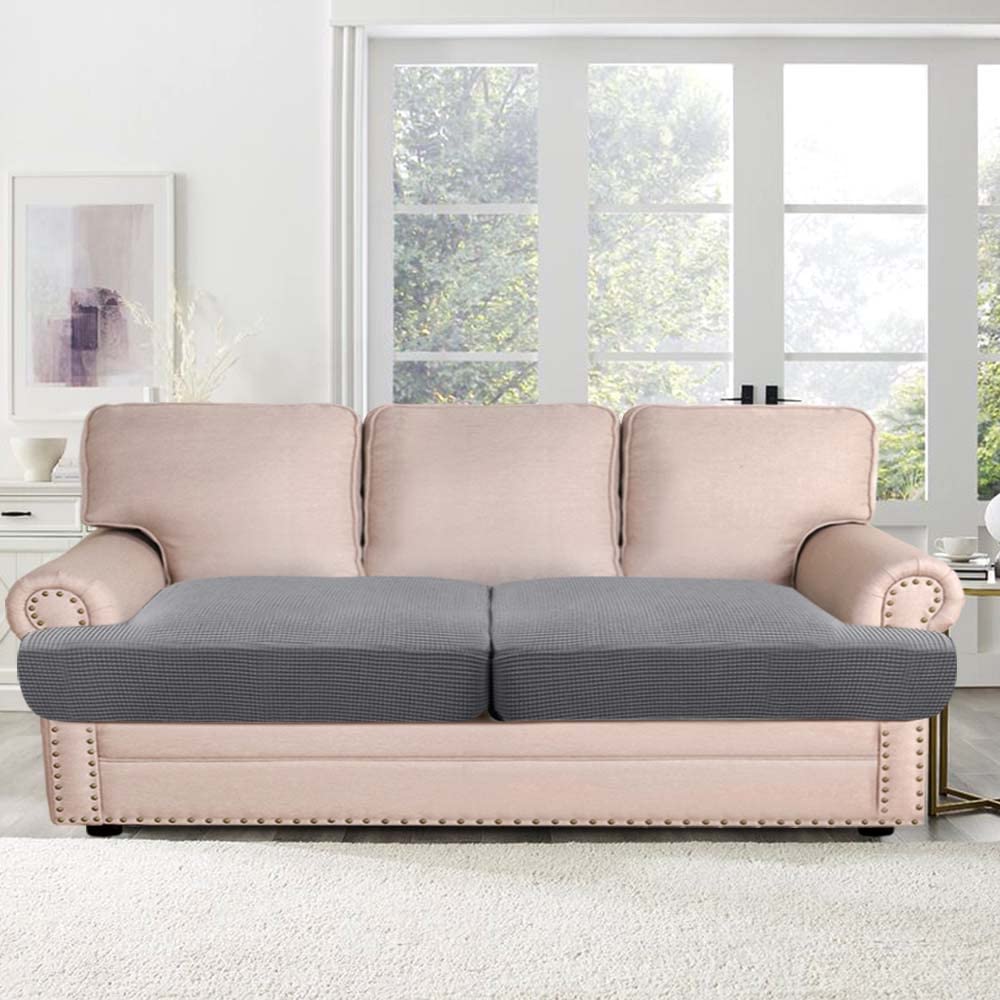 H.Versailtex Stretch 2 Piece T Cushion Sofa Slipcovers Individually Sofa Cushion Covers For 2 Cushion Couch Sofa Seat Cushion Covers With Elastic Bands Featuring Thicker Jacquard Fabric, Dove