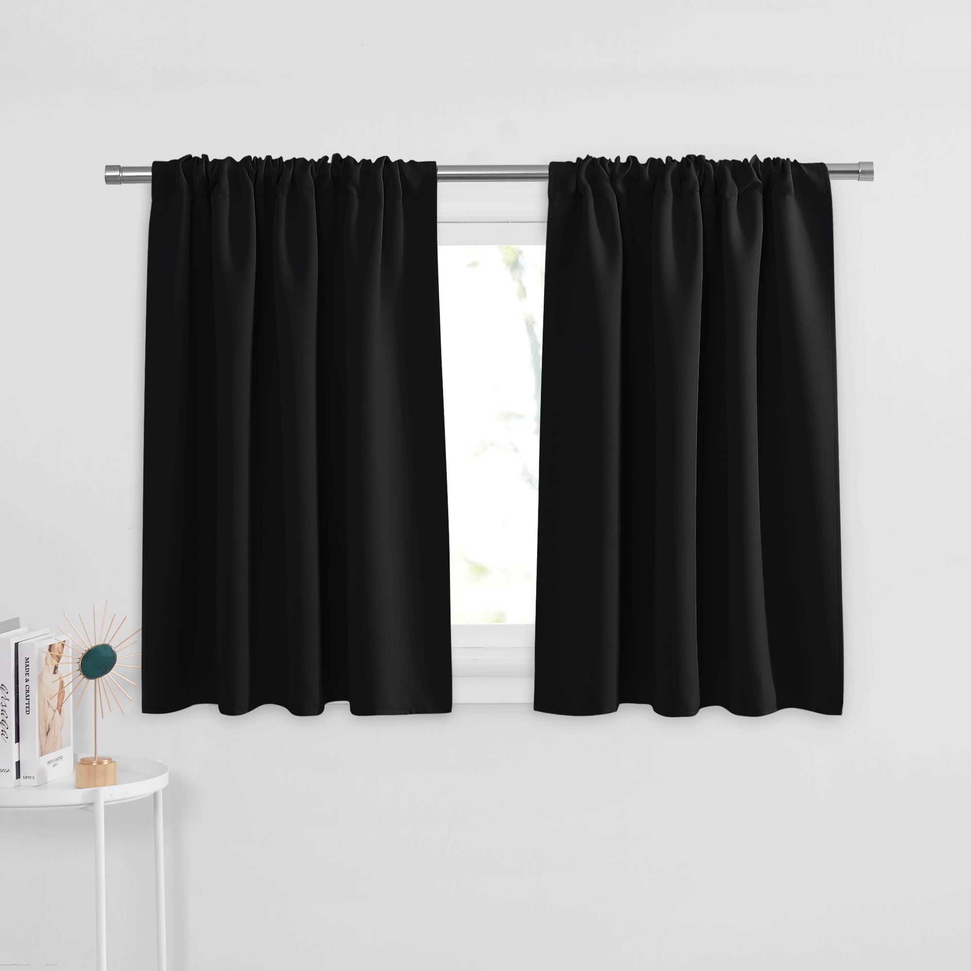 PONY DANCE Short Curtains Black Half Window Curtains for Bedroom, Privacy Curtain Tiers for Windows, Energy Saving Curtain Tiers
