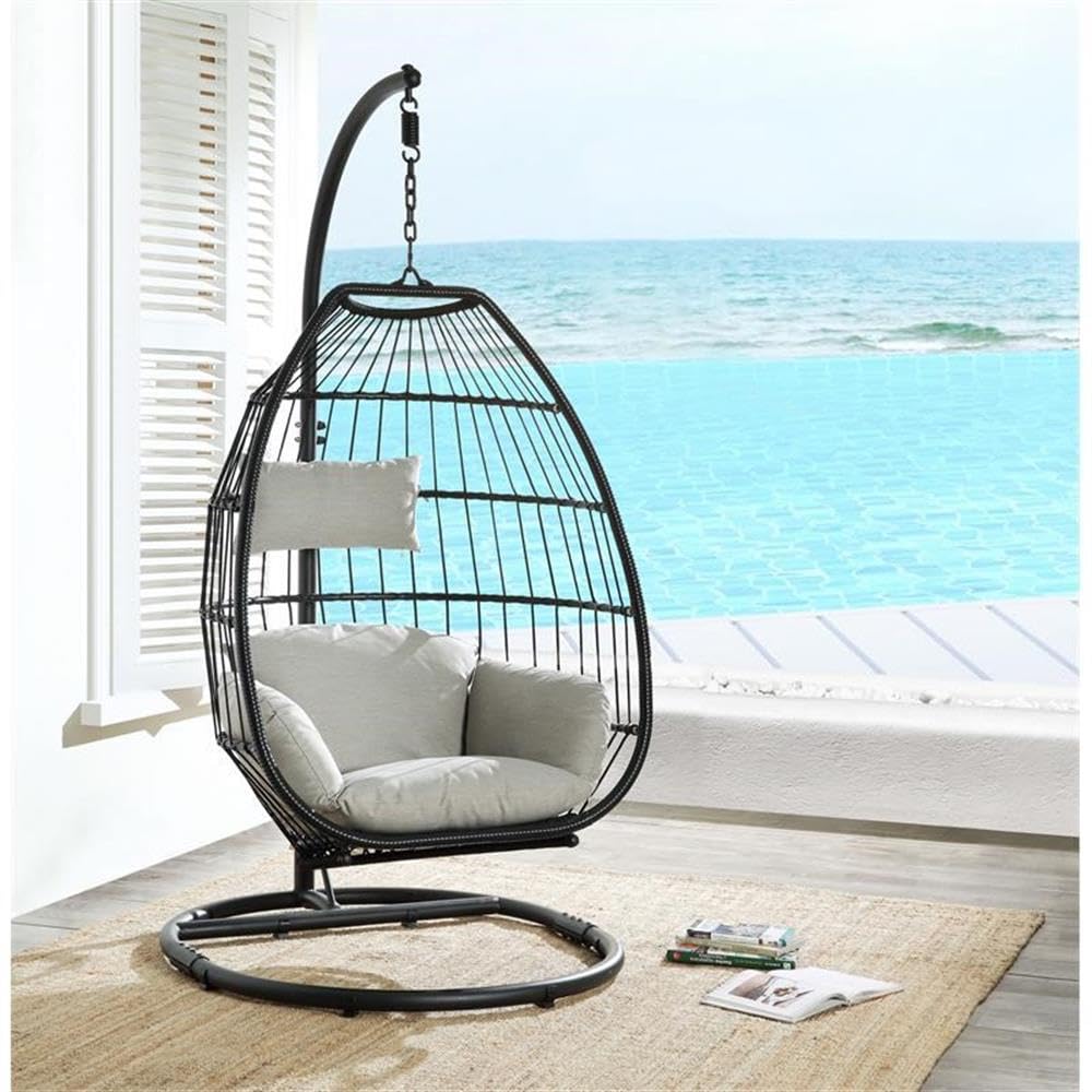 Acme Oldi Wicker Patio Hanging Chair with Metal Stand in Beige and Black