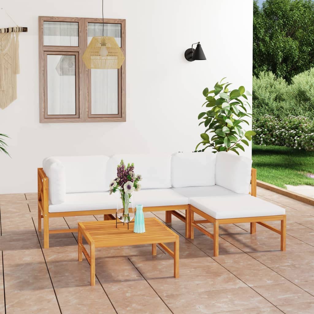 vidaXL 5 Piece Patio Lounge Set with Cream Cushions - Fine-Sanded Teak Hard Wood - Outdoor Furniture - Features Table, Footrest, Sofa with Cushions