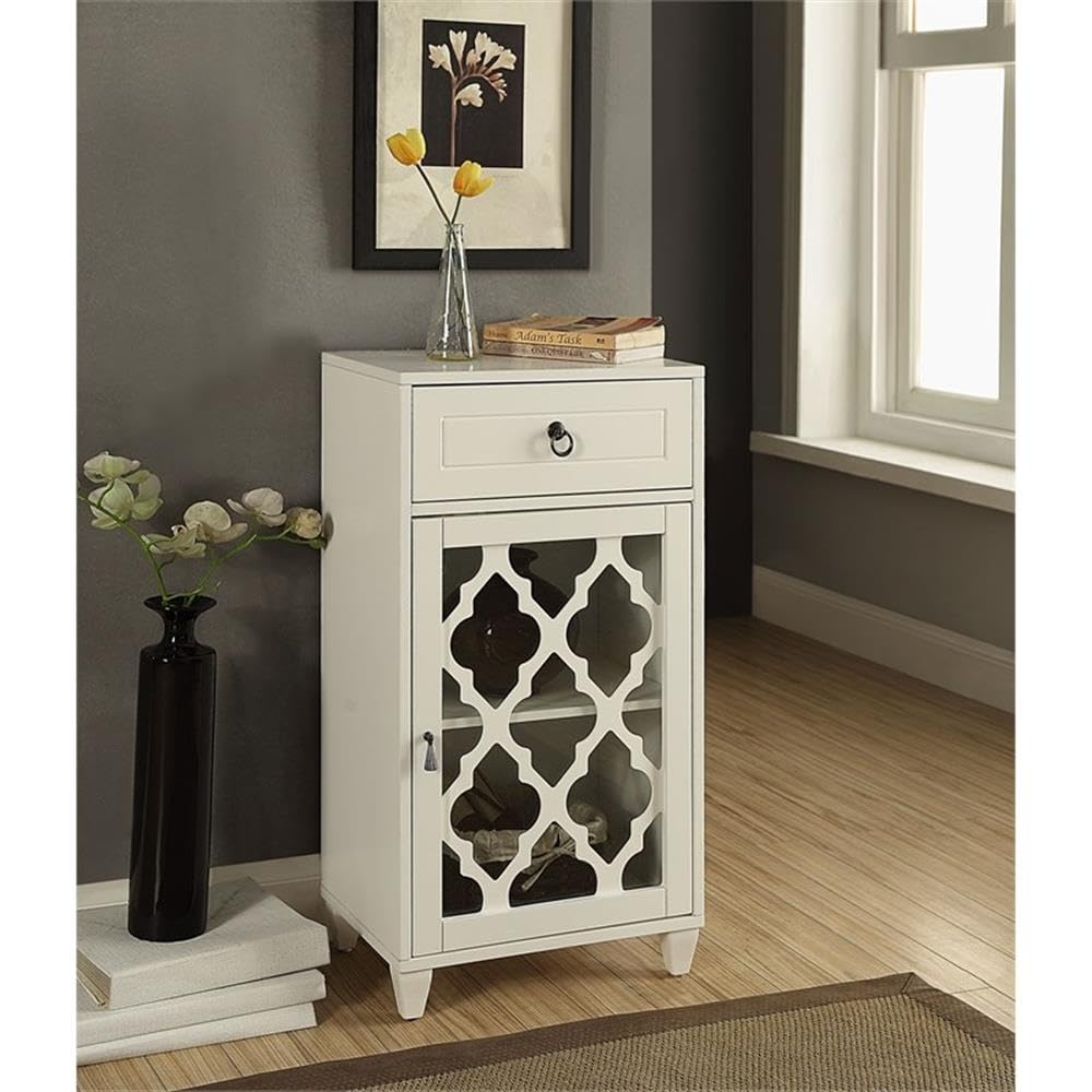 Acme Ceara Wooden Accent Table With Storage Drawer And Glass Door In White