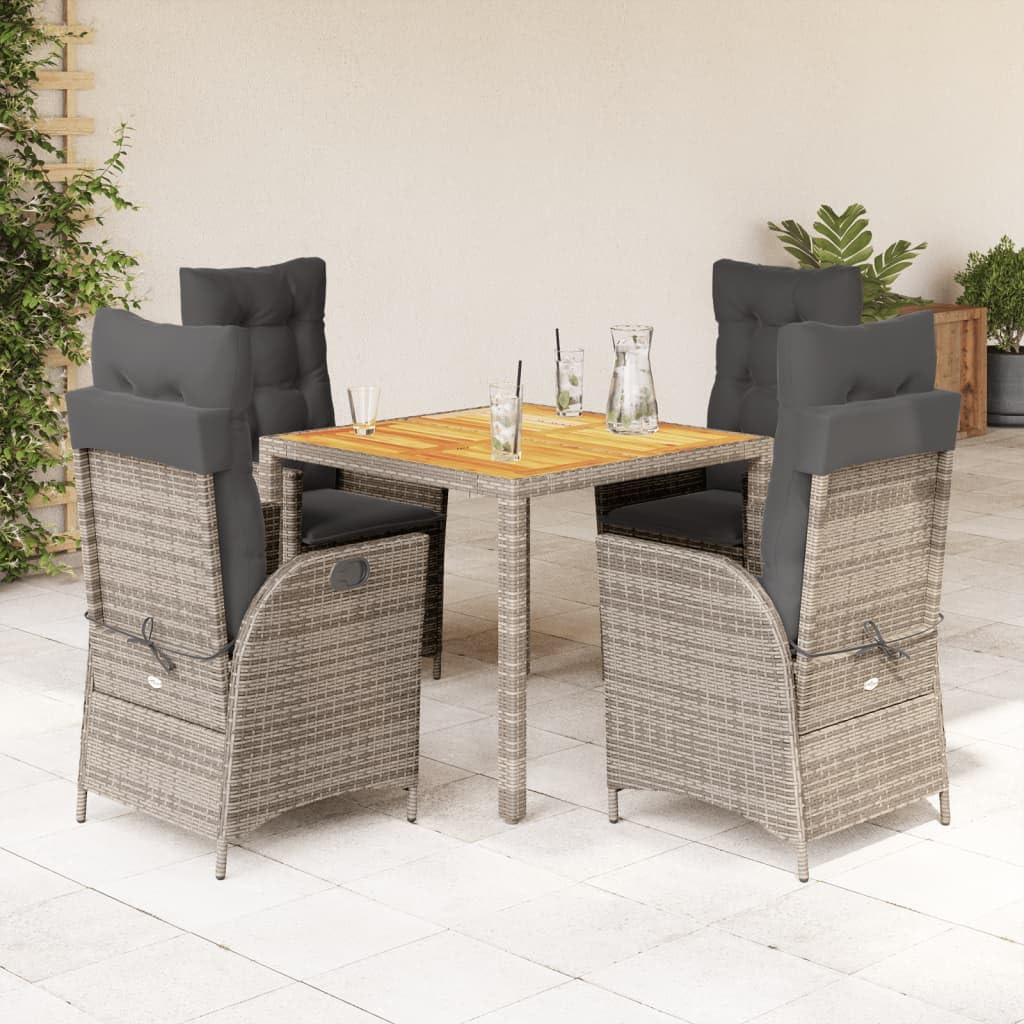 vidaXL - 5 Piece Patio Dining Set with Cushions - Adjustable Reclining Chairs, Acacia Wood Table, Durable Gray PE Rattan Outdoor Furniture for Garden, Backyard, Patio