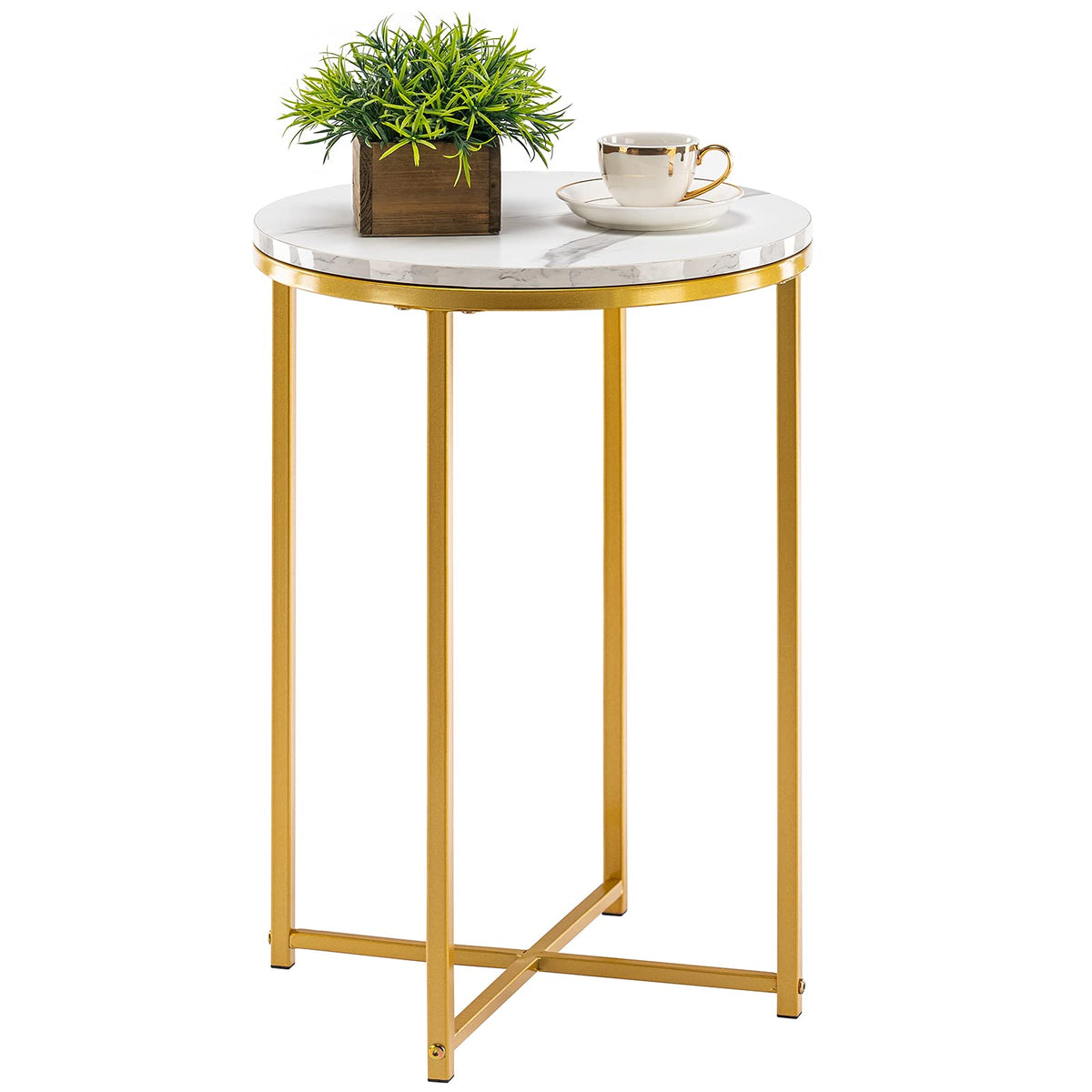 Techmilly Round End Table, Faux Marble Sofa Table, Accent Side Table With Metal Frame, Modern Gold Nightstand, Tall Coffee Table