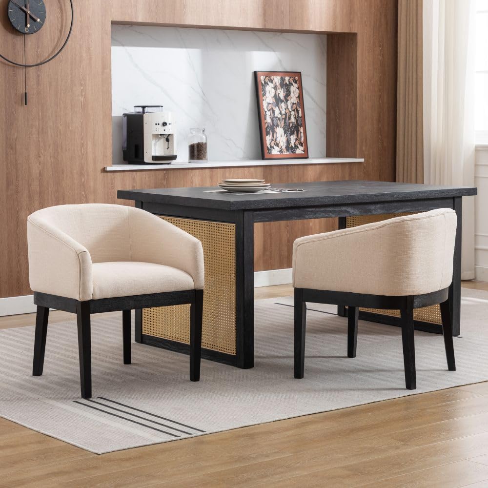 Washon Upholstered Dining Chairs With Arms Set Of 2, Farmhouse Linen Fabric Dining Room Chairs With Black Wood Legs, Mid Century