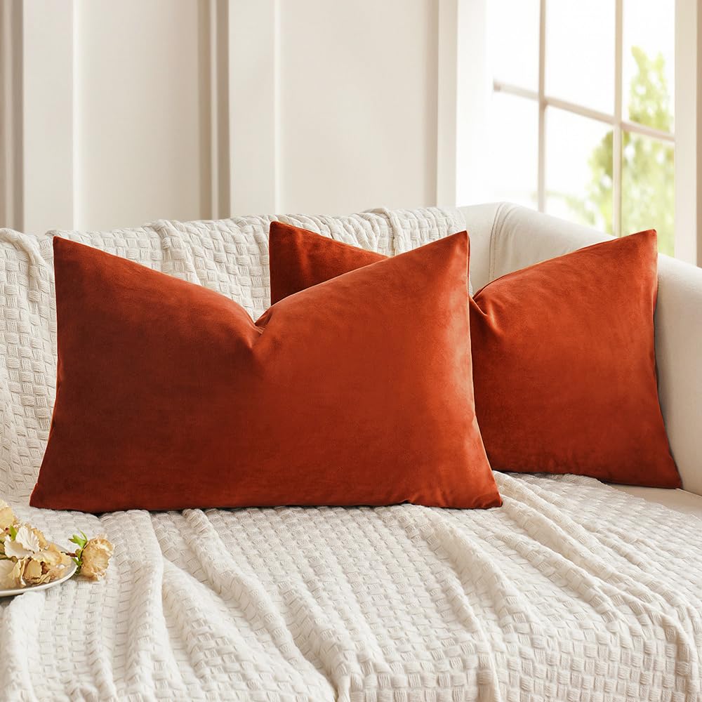 Miulee Pack Of 2 Burnt Orange Velvet Throw Pillow Covers 12X20 Inch Soft Solid Decorative Set Lumbar Fall Cushion Case For Couch