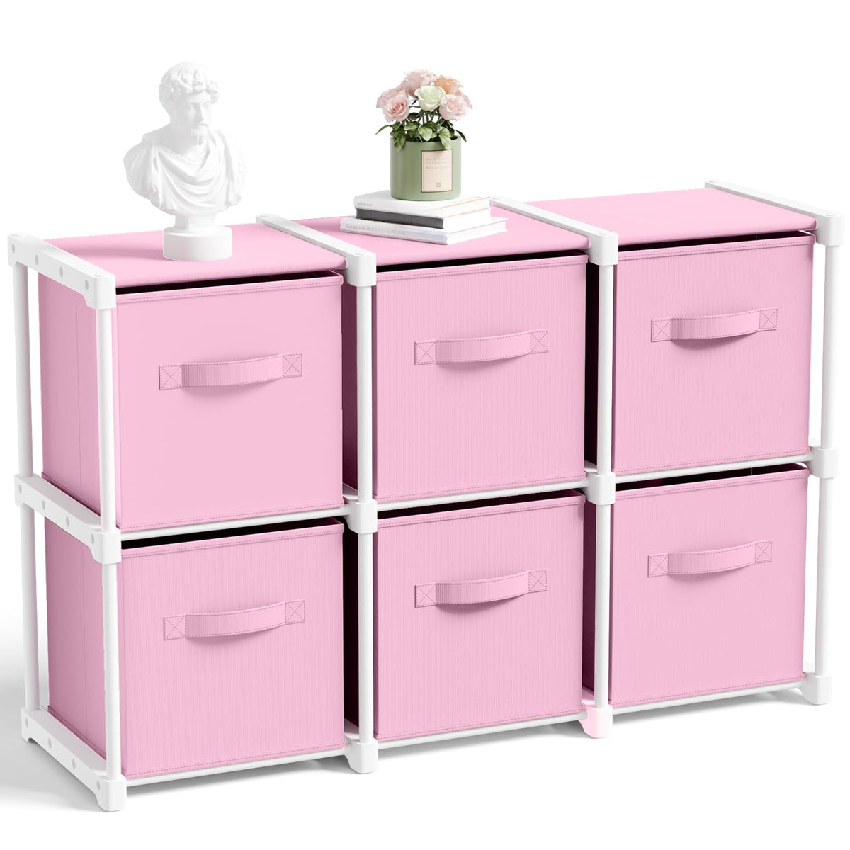 Briwooody 6 Cube Storage Organizer Bins with Shelf, Macaroon Pink
