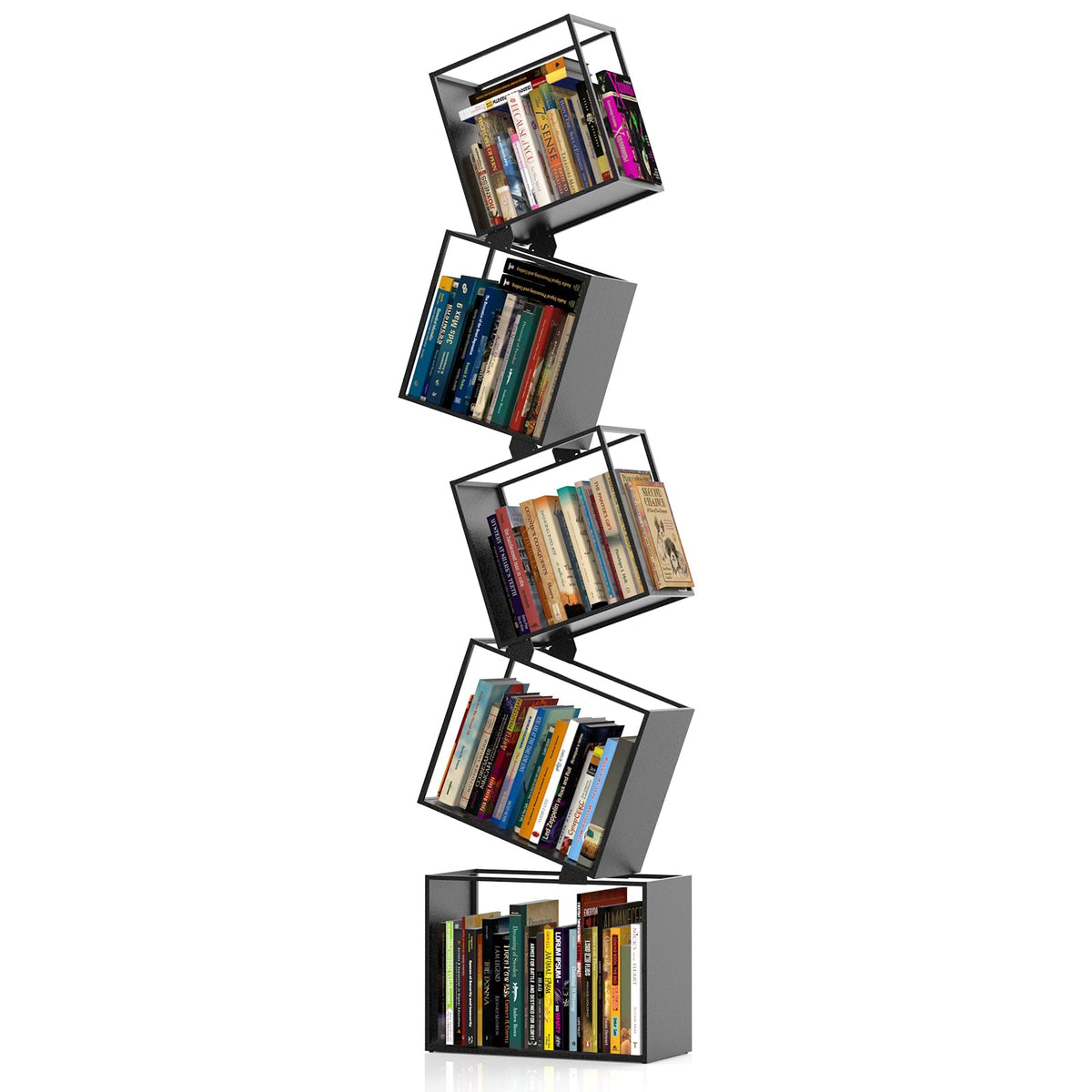 YTDnova 5Tier Metal Bookshelf  Modern Geometric Narrow Bookcase with Matte Black Finish, Tall Storage Organizer Display Shelf 