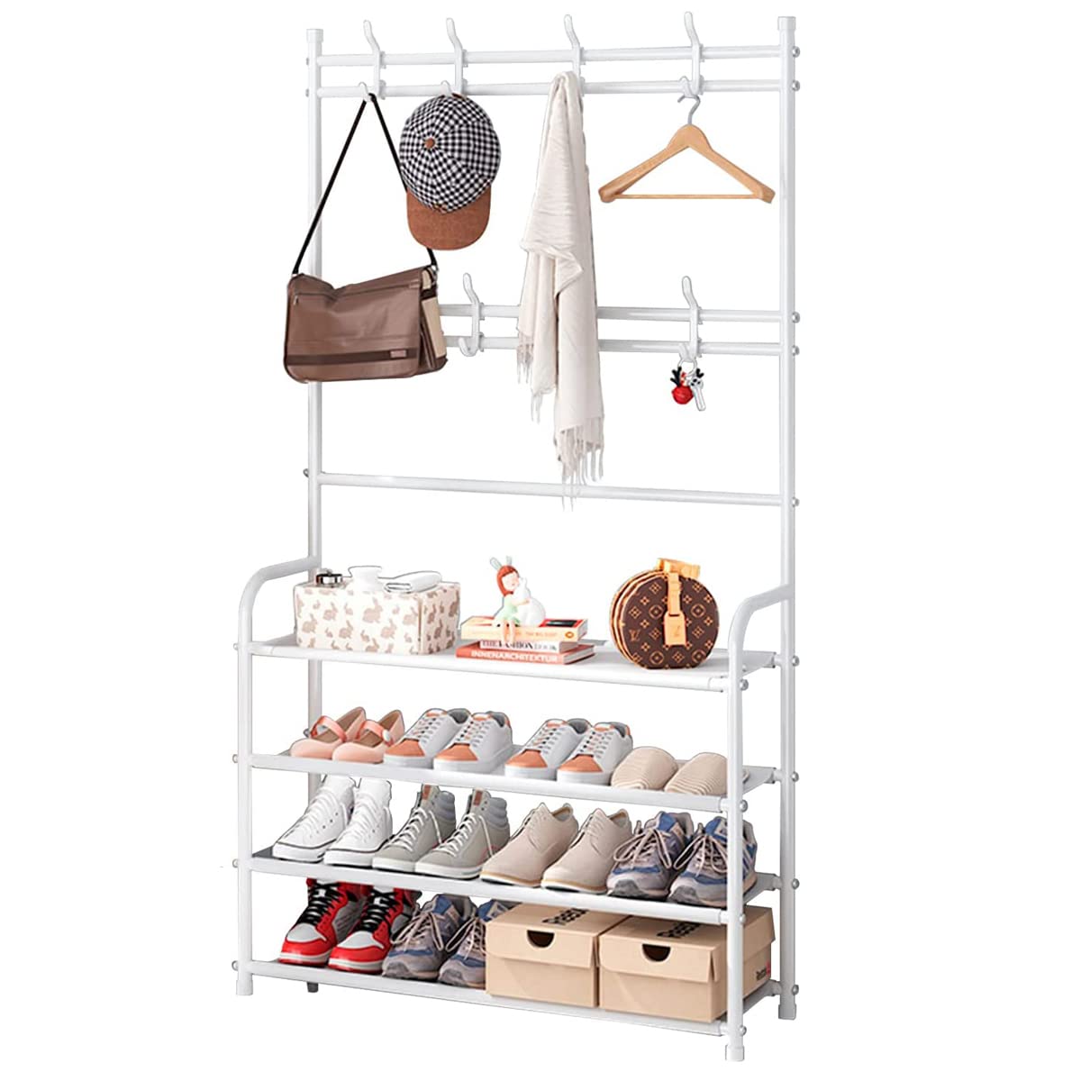 Weecron Entryway Shoe Rack With Coat Rack 4 Tier Shoe Stand Orqanizer For Bedroom Dorm, White