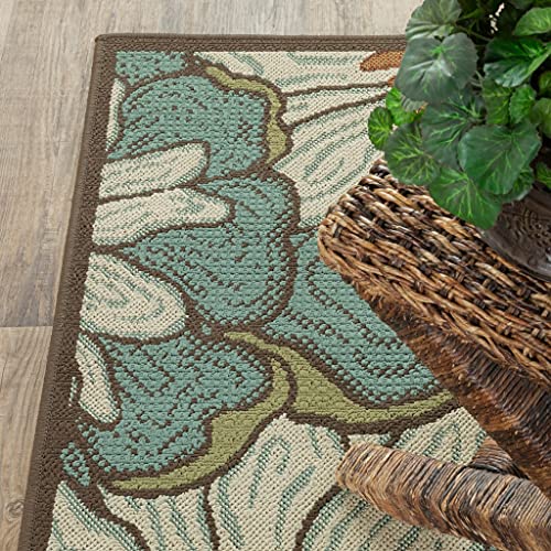 HomeRoots Polypropylene 8’ Round Blue and Brown Floral Indoor Outdoor Area Rug