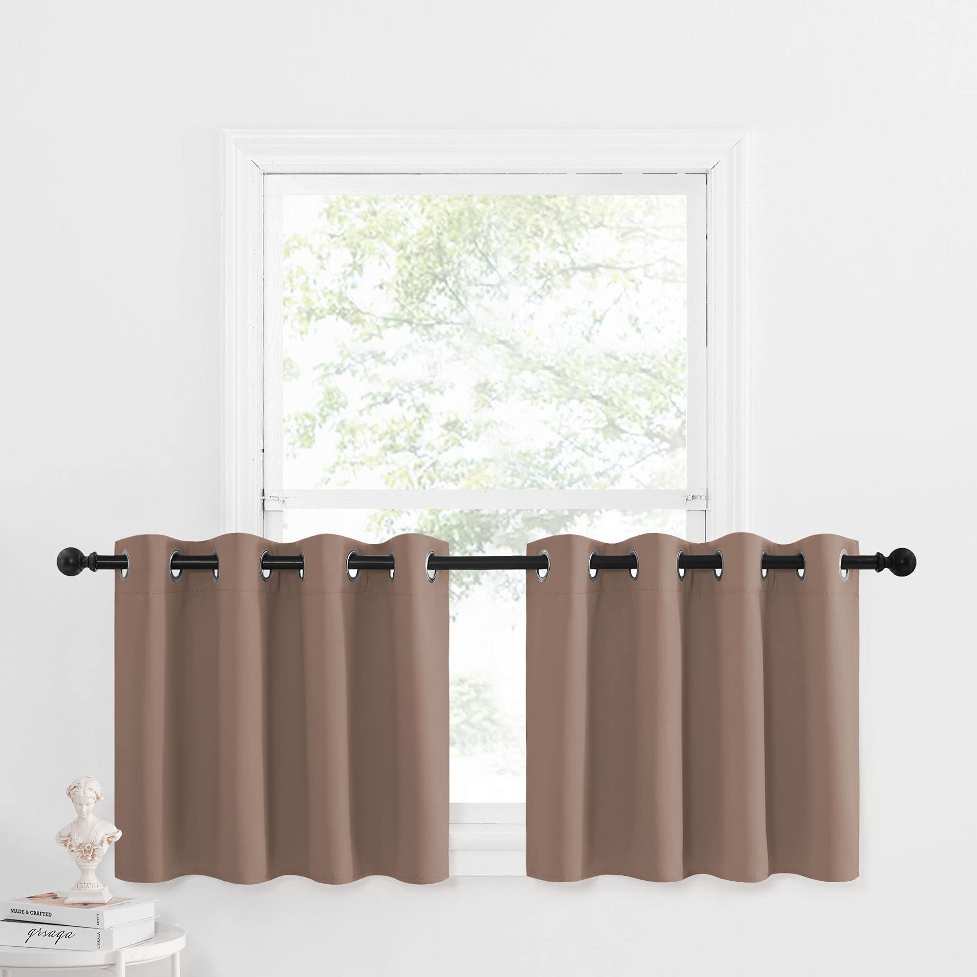 Nicetown Short Curtains Blackout Tiers Panels - Small Kichen Valances Thermal Insulated Light Reducing Window Treatment Tiers For Camper Rv (Cappuccino, 2 Pieces, 52W By 24L With 1.2 Inches Header)
