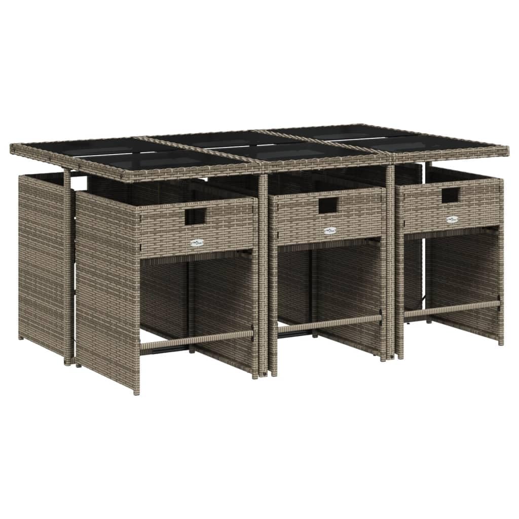 vidaXL Patio Dining Set with Cushions – 7 Piece Gray Poly Rattan Outdoor Garden Furniture, Includes Foldable Chairs and Tempered Glass Table for Backyard, Patio, and Deck