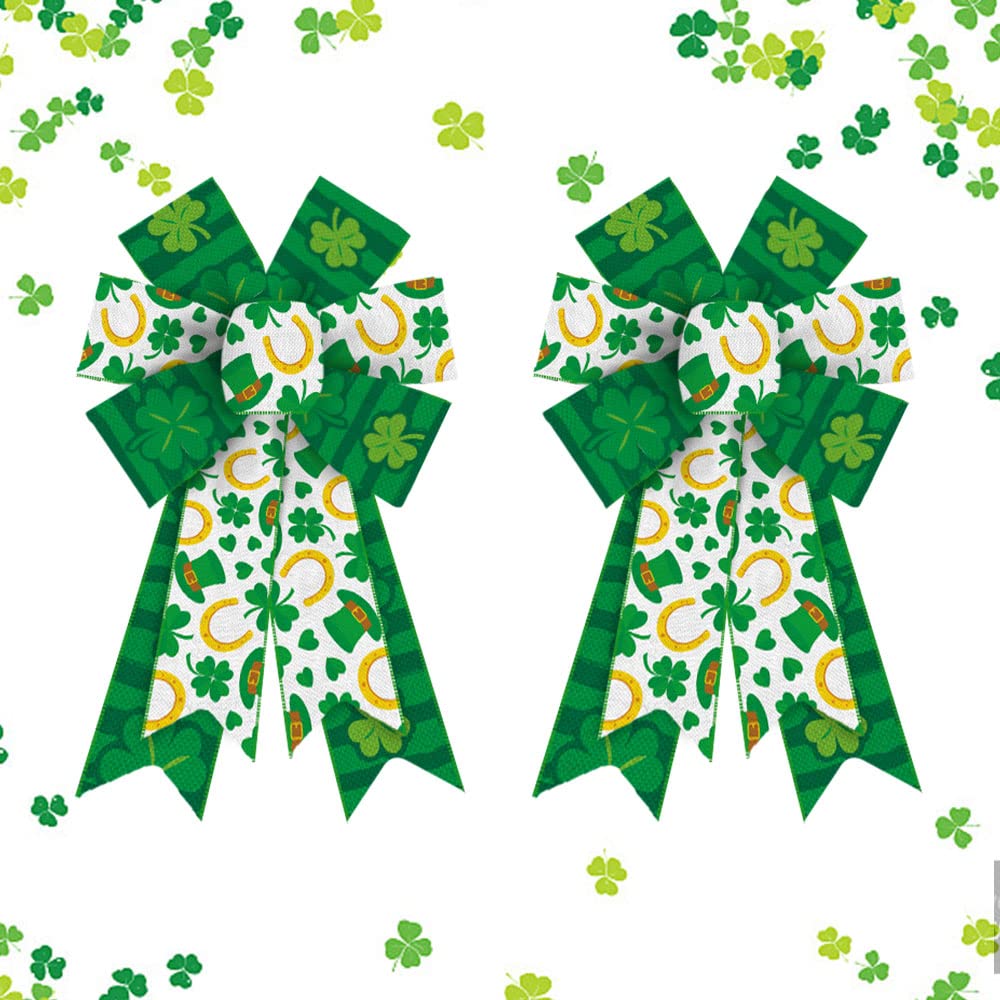2pcs Saint Patrick's Wreath Bows St. Patrick Bows Horseshoe Clover Hat Burlap Bow for Wreaths, St Patrick's Day Ribbon Bows Tree