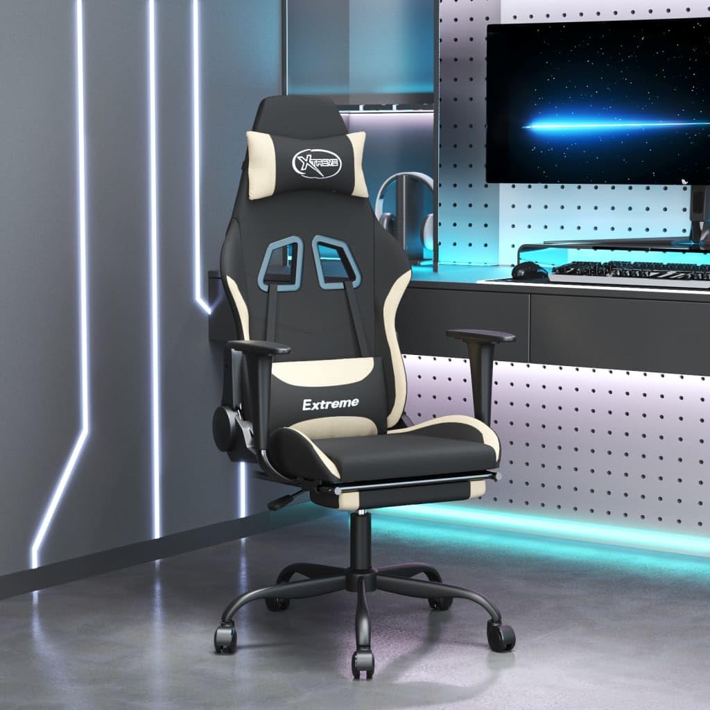 vidaXL Adjustable Gaming Chair with Footrest in Black and Cream Fabric - Comfortable Polyester Foam Filled Chair for Gaming and Office Use